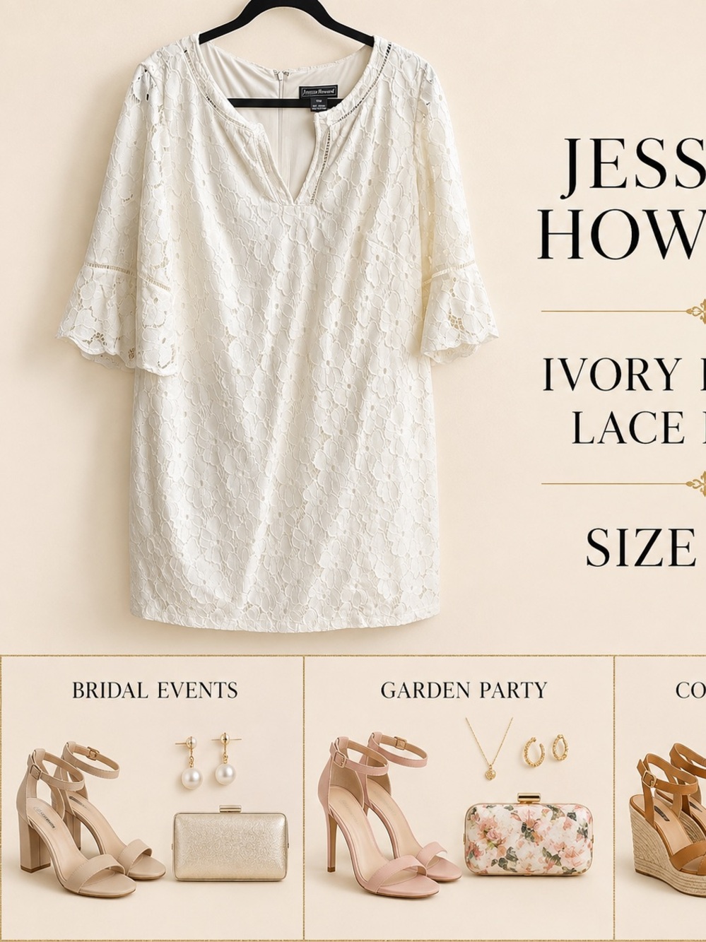 Jessica Howard Ivory Floral Lace Bell-Sleeve Dress Size 16W
